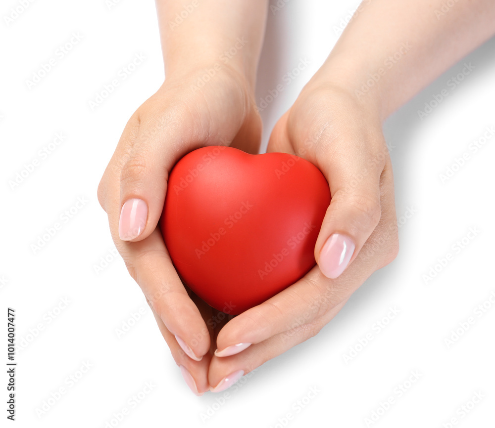 Obraz premium Woman with red decorative heart at white table. Space for text