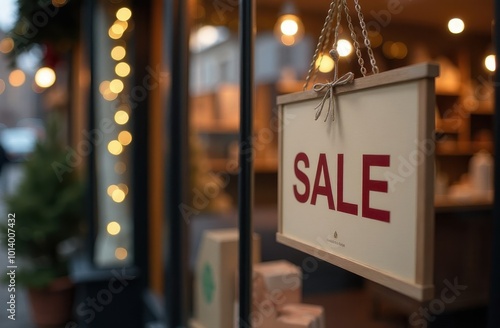 inscription sale on the window of a store decorated for Christmas, New Year's and Christmas sale and discount, sale sign on the New Year's window