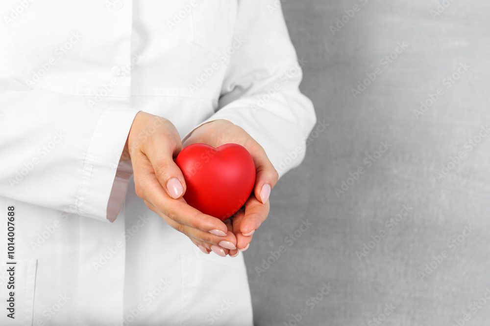 Doctor holding red heart on grey background, closeup. Space for text Doctor holding red heart on grey background, closeup. Space for text