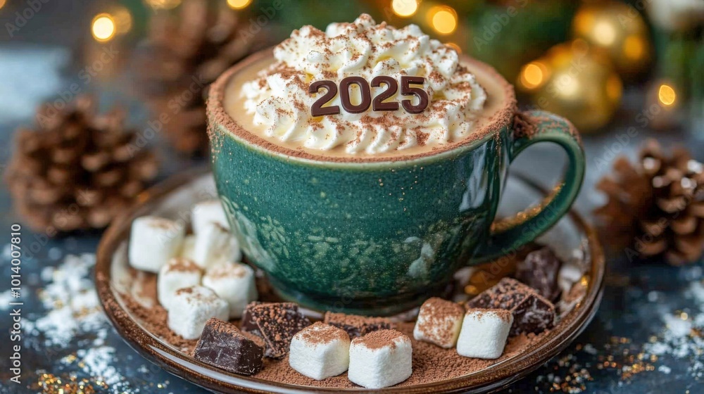 Festive hot chocolate with marshmallows and 2025 decoration Festive hot chocolate with marshmallows and 2025 decoration