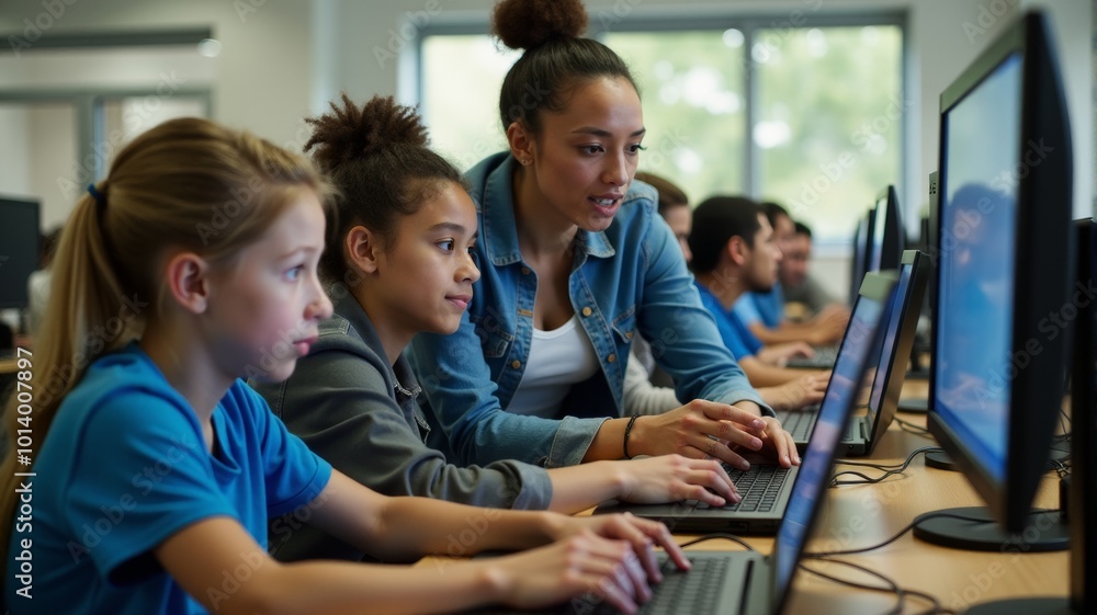 A female teacher helps two young students learn on a computer A female teacher helps two young students learn on a computer