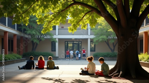 Students are sitting in a courtyard and studying, with a large tree providing shade