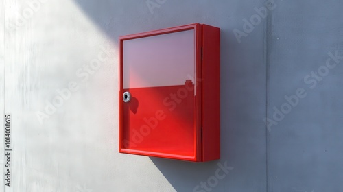 Render a 3D red emergency box affixed to a wall, showcasing a glass front designed to be broken in case of an emergency, with a realistic and detailed appearance. 