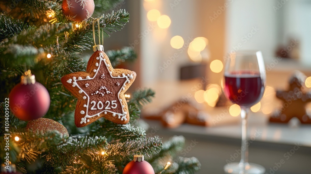 Gingerbread star ornament on christmas tree with festive lights and wine glass indoors Gingerbread star ornament on christmas tree with festive lights and wine glass indoors