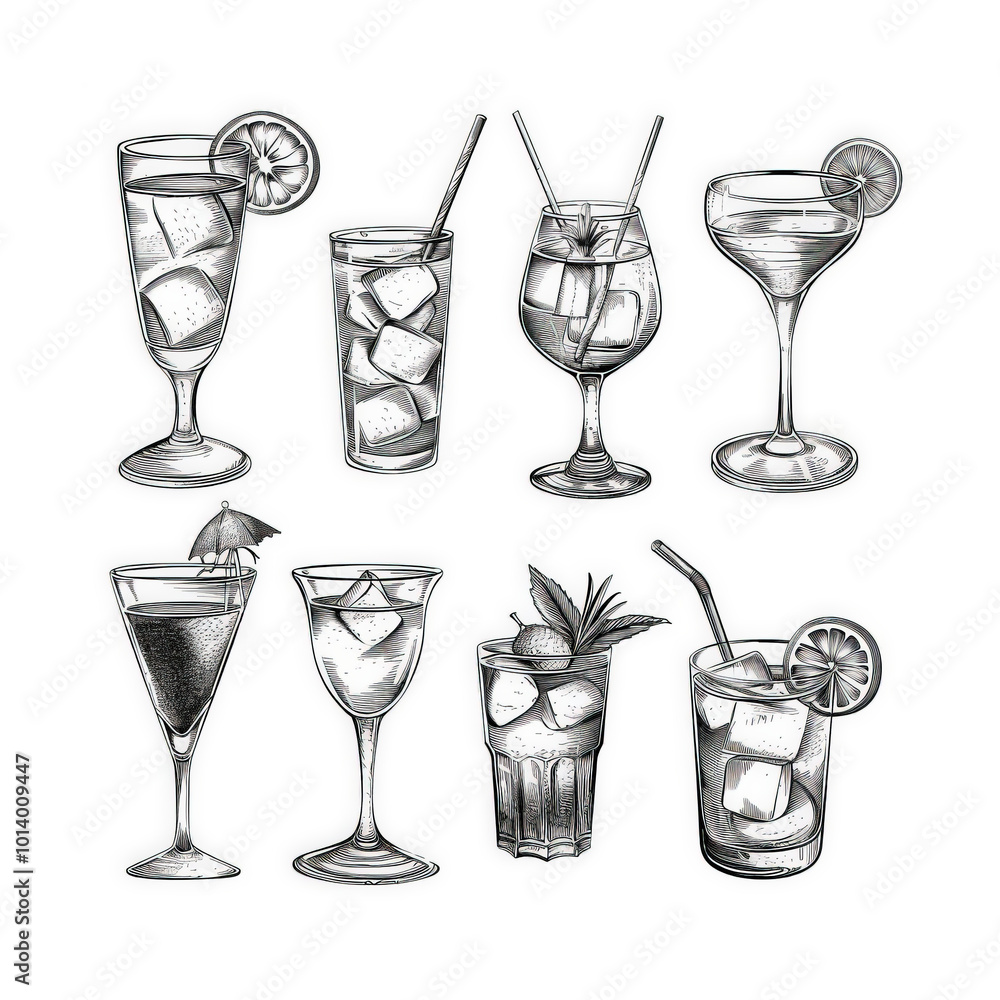 This collection showcases a variety of hand-drawn drink icons, including cocktails and refreshing beverages, ideal for bar menus and party invitations This collection showcases a variety of hand-drawn drink icons, including cocktails and refreshing beverages, ideal for bar menus and party invitations