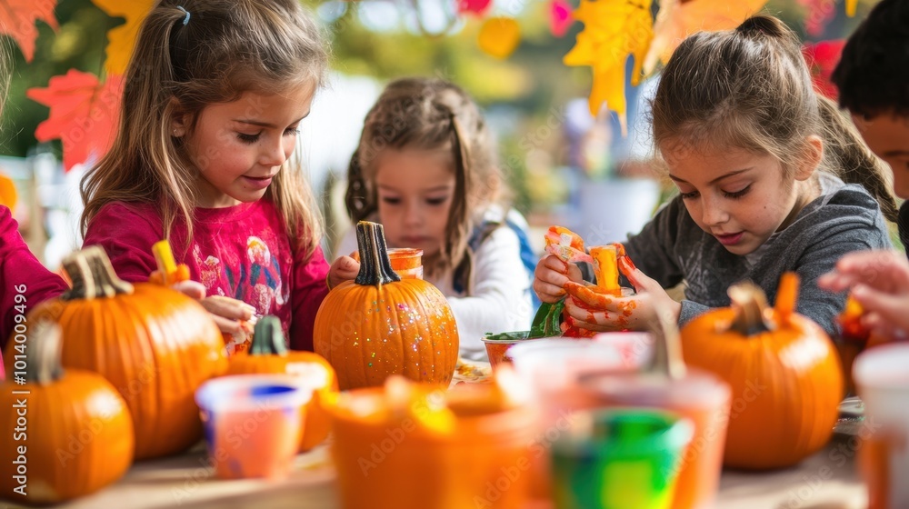 Fototapeta premium Children decorating pumpkins at a fall festival booth, with paints, and fall-themed decorations scattered around,