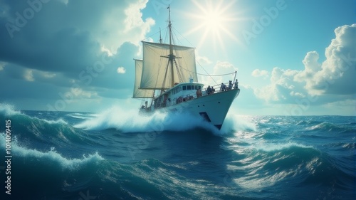 A sailboat cutting through choppy waters under a bright sunny sky