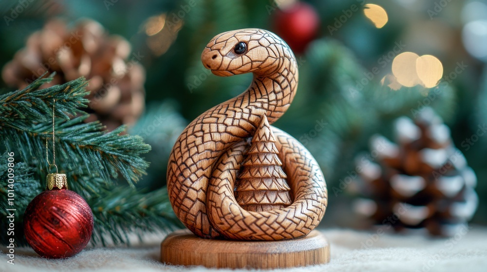 Intricate wooden snake ornament among holiday decorations on a festive winter table Intricate wooden snake ornament among holiday decorations on a festive winter table