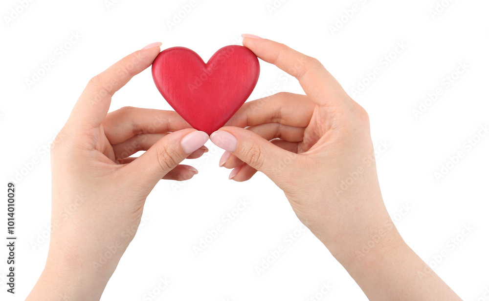 Woman with red decorative heart on white background, above view Woman with red decorative heart on white background, above view