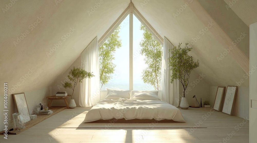 Minimalist bedroom with large windows and white bedding, natural light streaming in. Minimalist bedroom with large windows and white bedding, natural light streaming in.