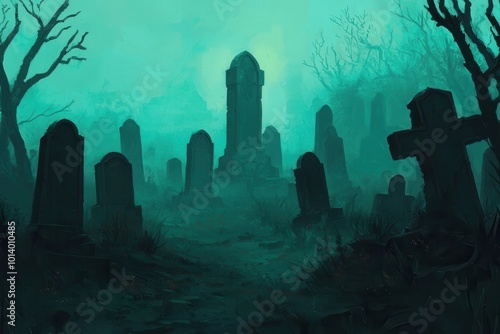 A dark, eerie graveyard scene shrouded in mist, featuring tombstones, twisted trees, and a haunting atmosphere.