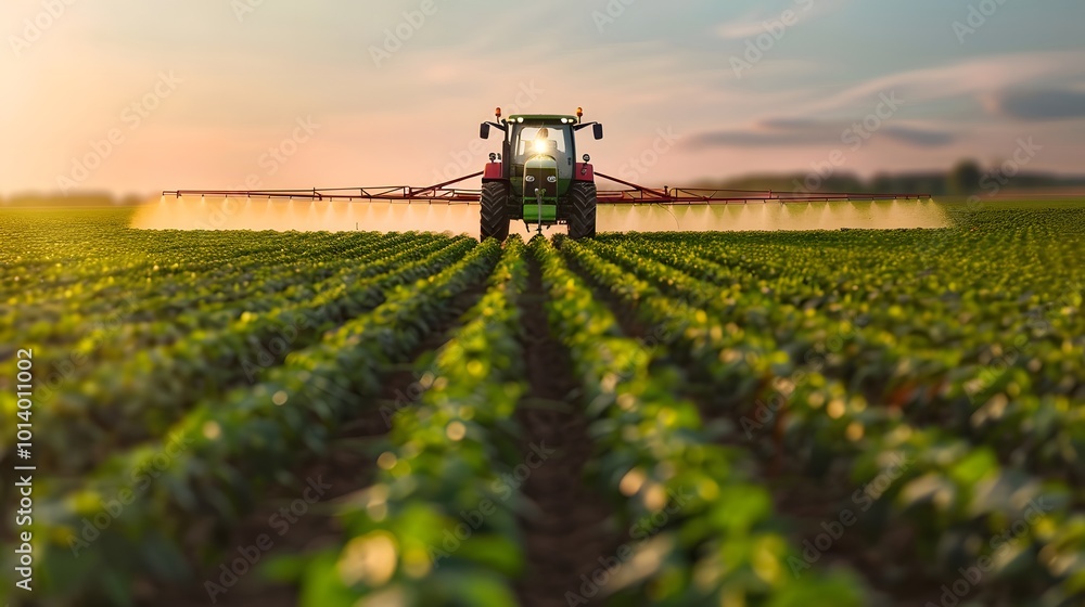 Fototapeta premium Tractor spraying pesticides on soybean field at sunset in spring evening modern agriculture technology