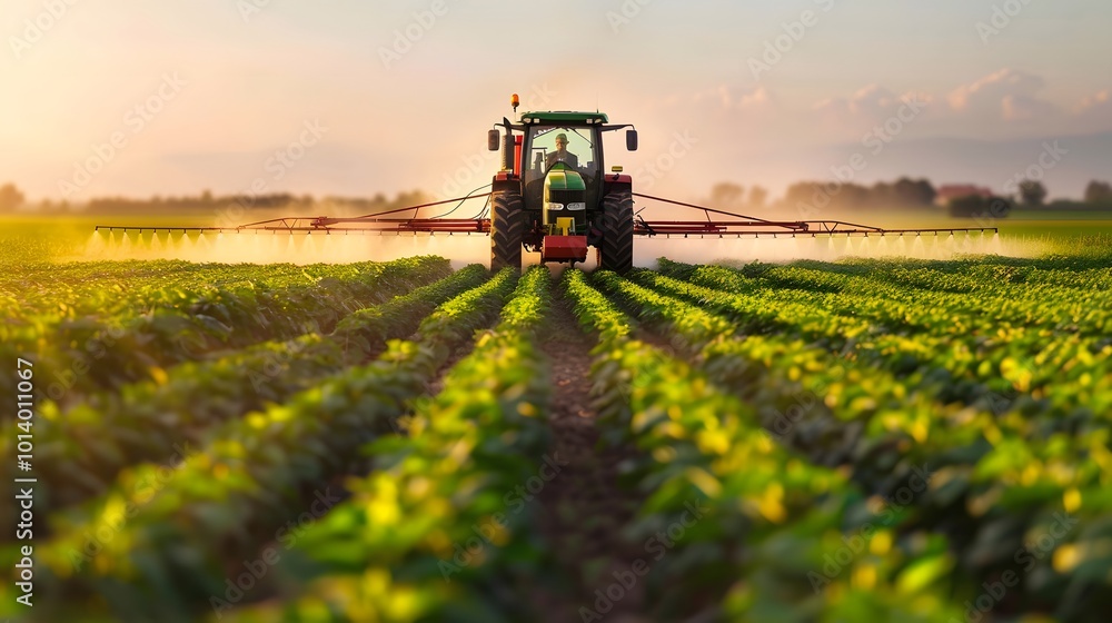 Tractor spraying pesticides on soybean field at sunset in spring evening modern agriculture technology Tractor spraying pesticides on soybean field at sunset in spring evening modern agriculture technology