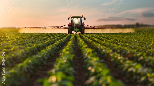 Tractor spraying pesticides on soybean field at sunset in spring evening modern agriculture technology