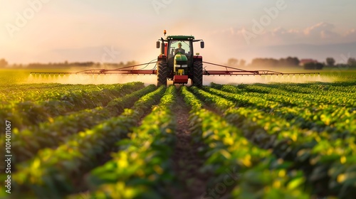 Tractor spraying pesticides on soybean field at sunset in spring evening modern agriculture technology