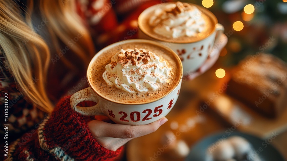 Woman in cozy sweater holding festive hot chocolate mugs during christmas celebration holiday warmth Woman in cozy sweater holding festive hot chocolate mugs during christmas celebration holiday warmth