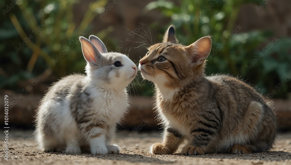 A rabbit and kitten playing together, showcasing a cute and playful interaction. A rabbit and kitten playing together, showcasing a cute and playful interaction.