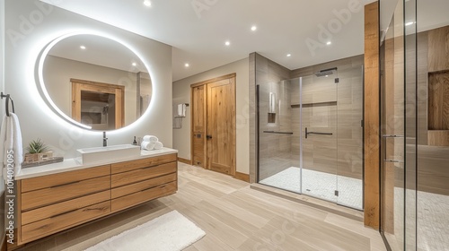 Modern bathroom with a large, round mirror, a walk-in shower, and wooden cabinets. photo