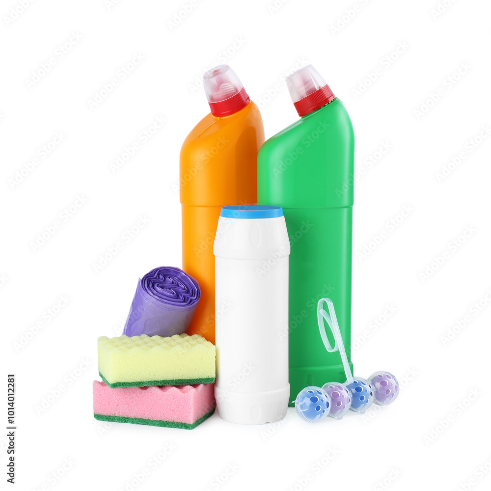 Different toilet cleaners, sponges and trash bags isolated on white Different toilet cleaners, sponges and trash bags isolated on white