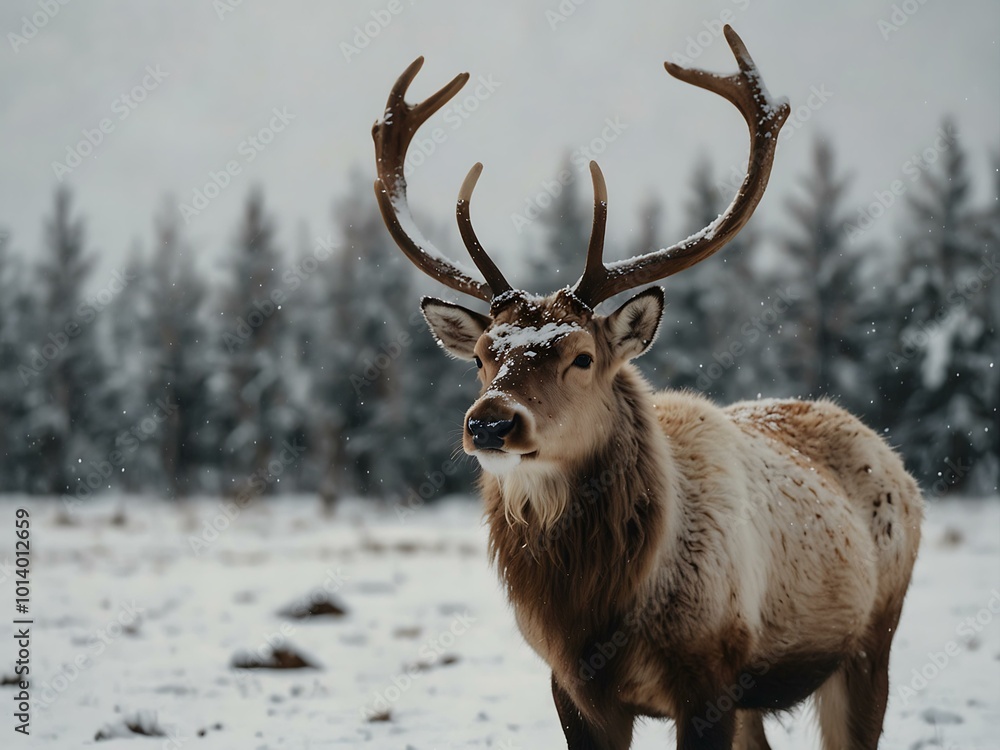 A reindeer standing in fresh snow. A reindeer standing in fresh snow.