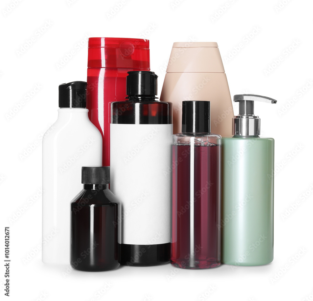 Bottles of shampoo isolated on white. Personal care product Bottles of shampoo isolated on white. Personal care product