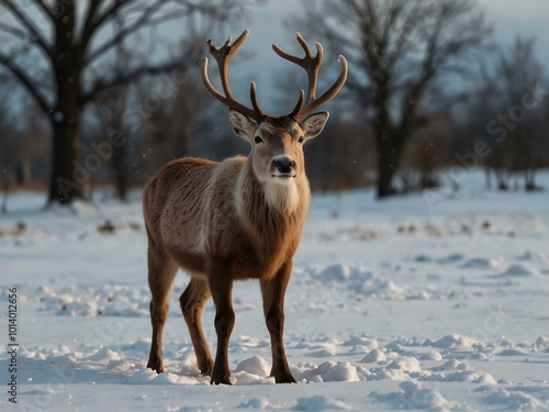 A reindeer standing in fresh snow.