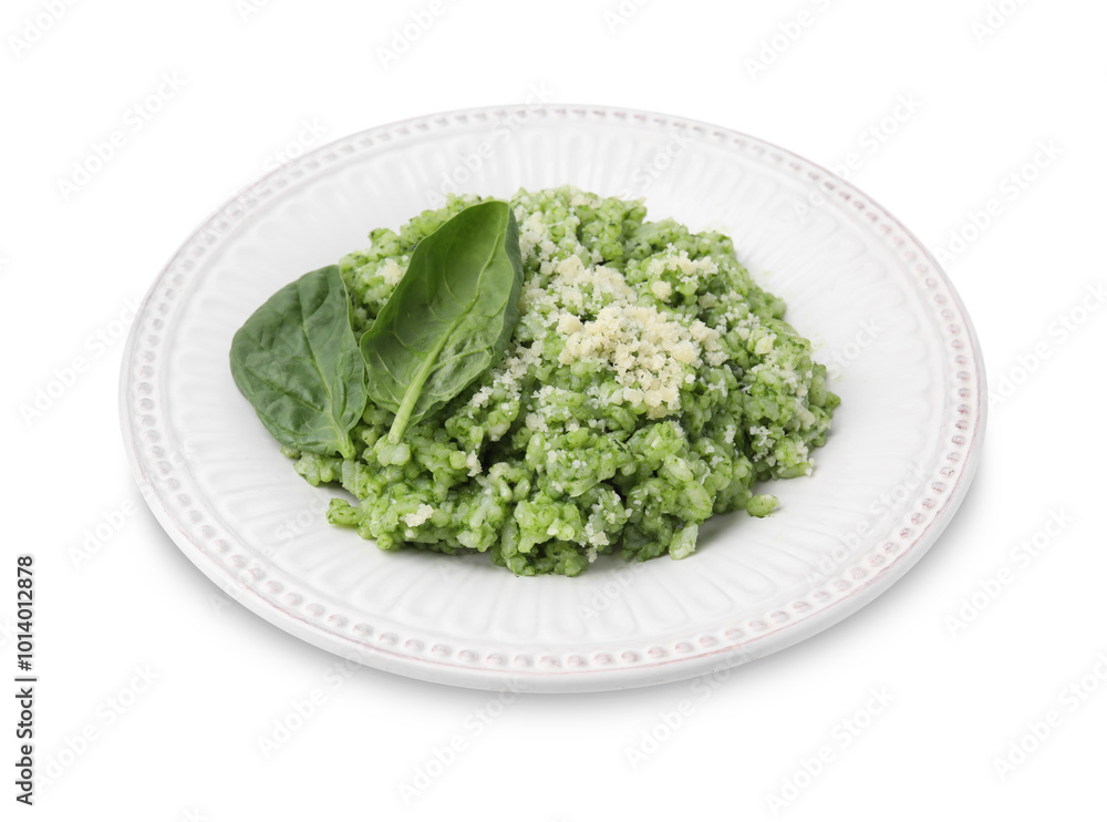Tasty spinach risotto with parmesan cheese isolated on white Tasty spinach risotto with parmesan cheese isolated on white