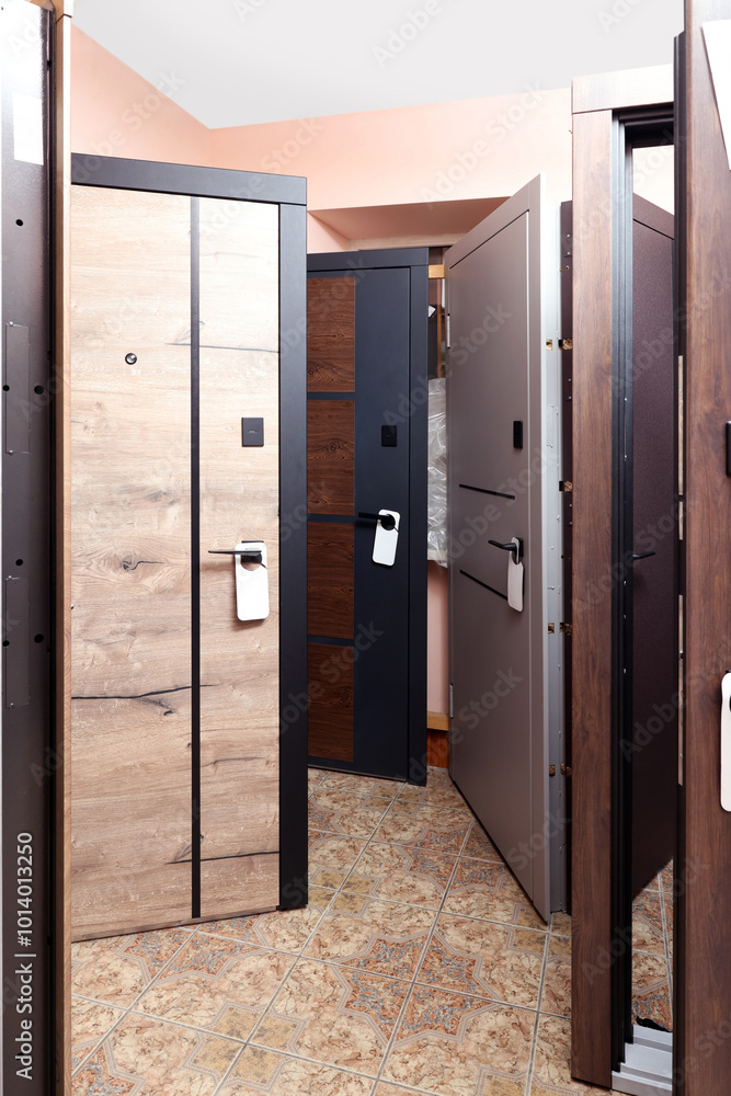 Group of different modern doors in store Group of different modern doors in store