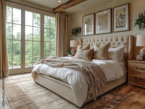 modern farmhouse bedroom featuring hardwood flooring adorned with minimalistic decor and soft lighting a serene inviting space reflecting contemporary comfort