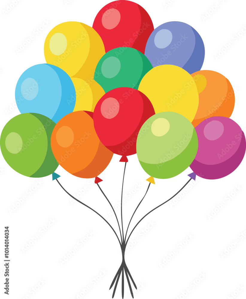 Colorful bunch of balloons floating upwards, cheerful and playful cartoon illustration