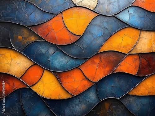 mosaicinspired abstract artwork featuring interlocking orange and blue shapes creating a vibrant and visually captivating design bursting with energy and creativity photo