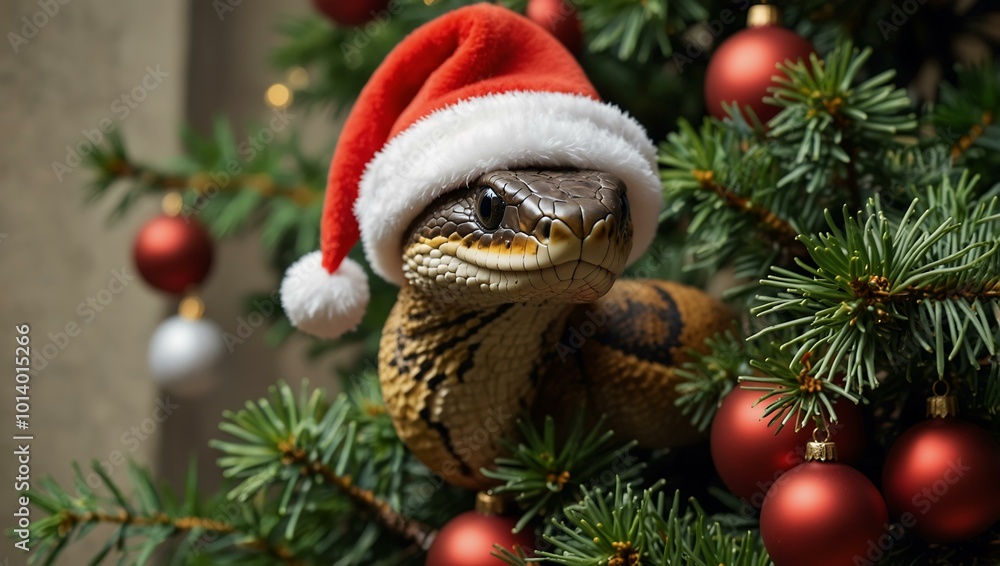 A snake in a Santa hat perched on a Christmas tree. A snake in a Santa hat perched on a Christmas tree.