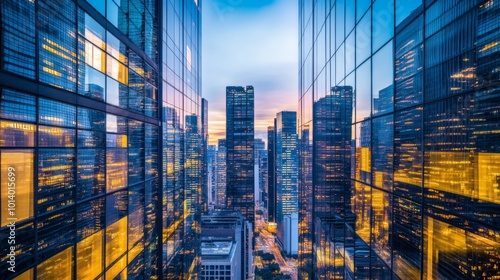 Stunning cityscape at dusk featuring towering skyscrapers reflecting in glass windows, highlighting modern urban architecture and corporate office buildings. 