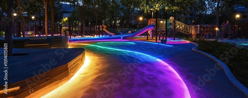 A children's playground with colorful, ground-level LEDs that light up underfoot, making the ground part of the play experience after dark photo