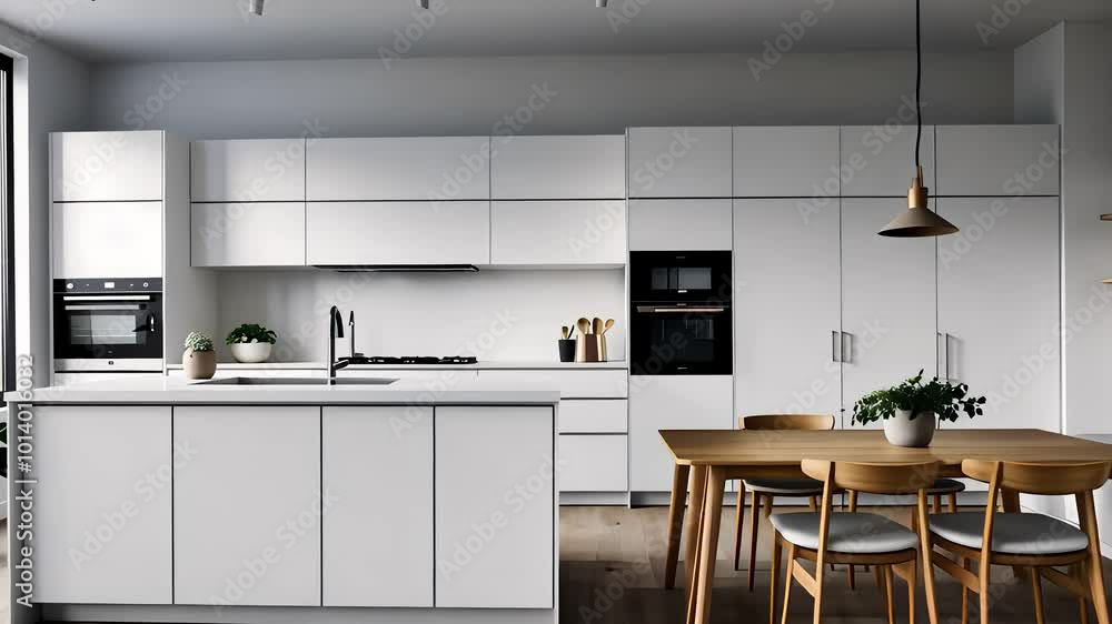 Minimalist White Kitchen with Wooden Dining Table in Modern Home
Minimalist White Kitchen with Wooden Dining Table in Modern Home