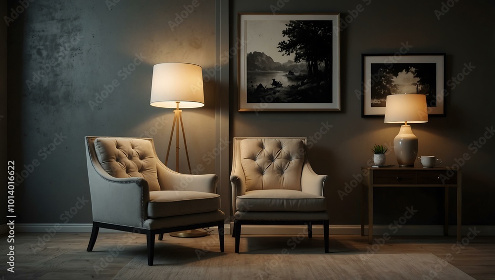 A stylish interior with an armchair, lamp, and blank picture frames for artwork display. A stylish interior with an armchair, lamp, and blank picture frames for artwork display.