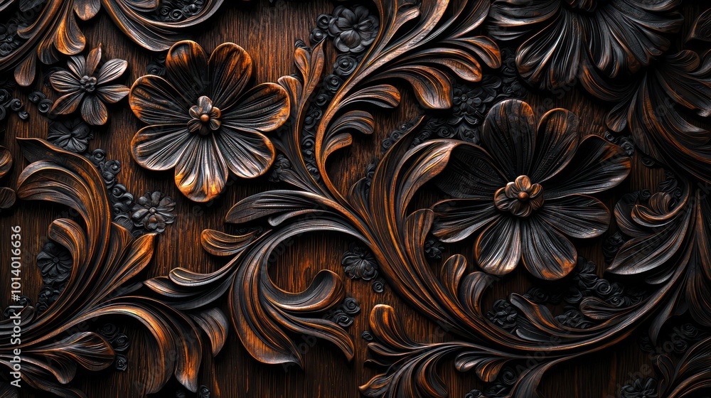 A close-up of an ornate, hand-carved wooden panel with a dark stain, featuring a complex floral pattern A close-up of an ornate, hand-carved wooden panel with a dark stain, featuring a complex floral pattern