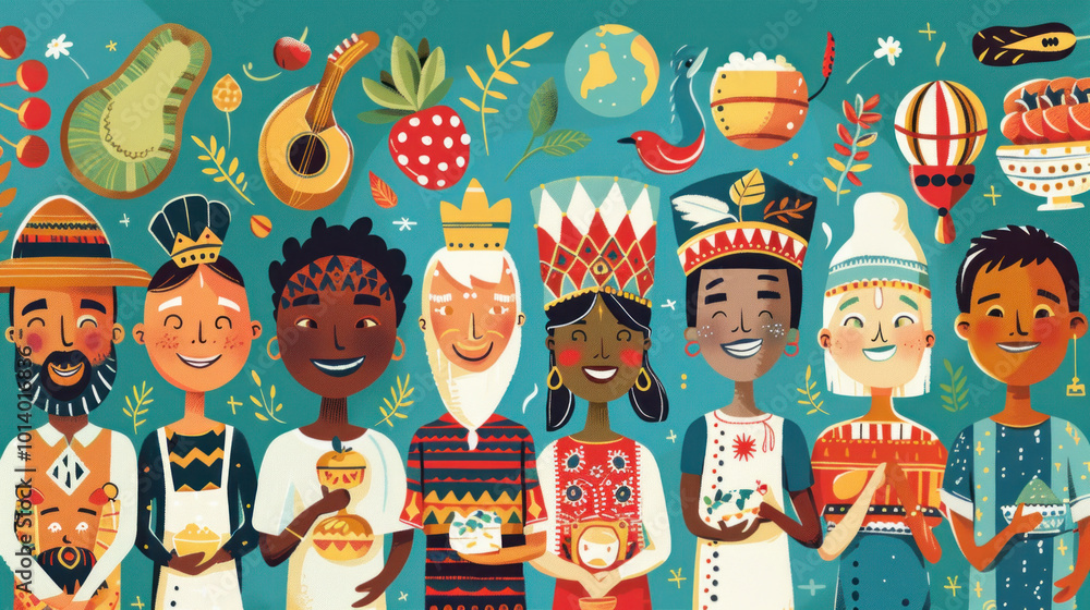 A visual of people from different cultural backgrounds sharing traditions, foods, and ideas, representing global unity. A visual of people from different cultural backgrounds sharing traditions, foods, and ideas, representing global unity.
