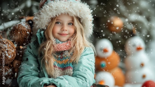 Delightful Girl in Mint Green Parka in Winter Setting