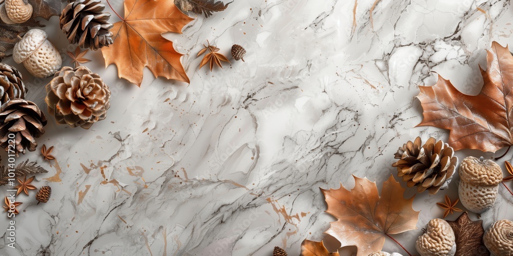 Obraz premium Abstract background with pinecones, acorns, and autumn leaves and light marble textured backdrop, minimalistic design.