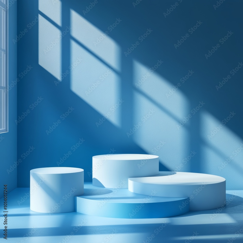 Blue podium in the blue room, 3d render, square composition Blue podium in the blue room, 3d render, square composition