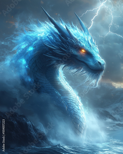 blue dragon coils around rocky peaks, eyes aglow with the power of the storm