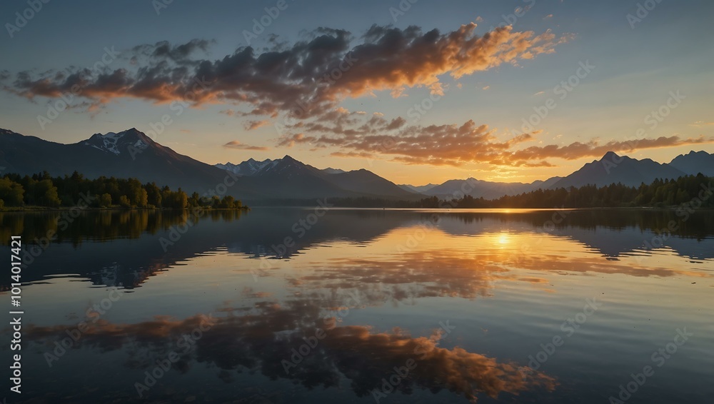 A tranquil lake reflecting the sunrise with distant mountains. A tranquil lake reflecting the sunrise with distant mountains.