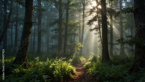 A tranquil misty forest glen illuminated by soft morning light. photo