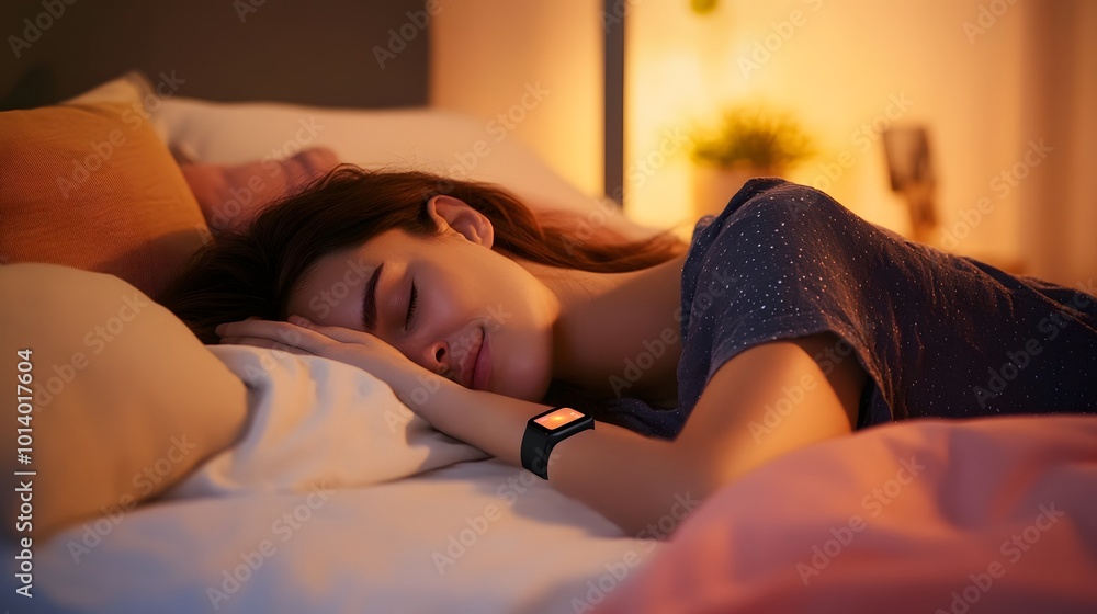 Obraz premium Person sleeping soundly in a comfortable bed with a sleep tracker on their wrist, showcasing the importance of quality sleep for overall health