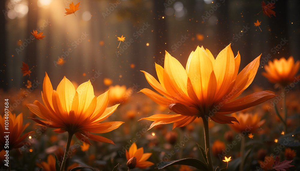 Glowing orange flowers in a sunlit autumn field with falling leaves and magical atmosphere
Glowing orange flowers in a sunlit autumn field with falling leaves and magical atmosphere