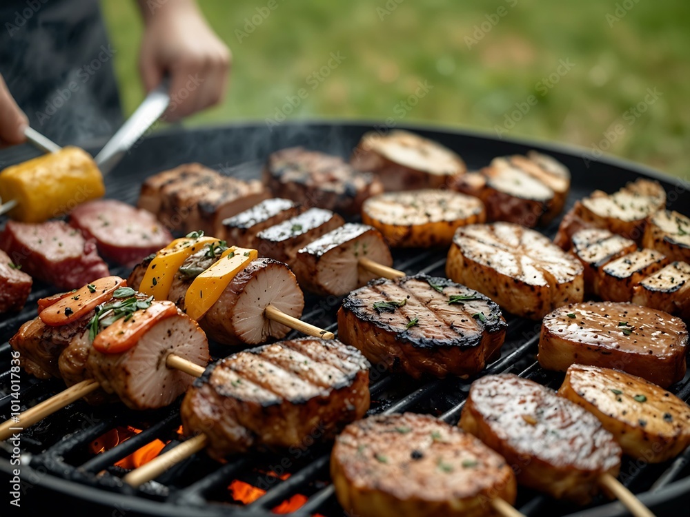 A variety of meats grilling on a barbecue, evoking a sense of communal dining. A variety of meats grilling on a barbecue, evoking a sense of communal dining.
