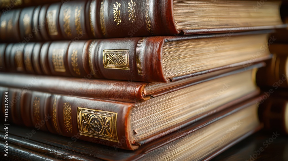 A close-up of a stack of leather-bound books with gold embossing, arranged on a dark wooden shelf A close-up of a stack of leather-bound books with gold embossing, arranged on a dark wooden shelf