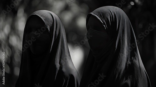 A group of women in black veils and hijabs stand in a row. Traditional closed clothing for women of the East. Total unrecognisability of people. The rights of women of the East. Illustration. photo