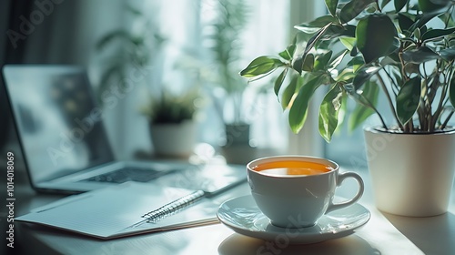 A beautiful workplace with a laptop and a notebook on the table, coffee cup with a home background